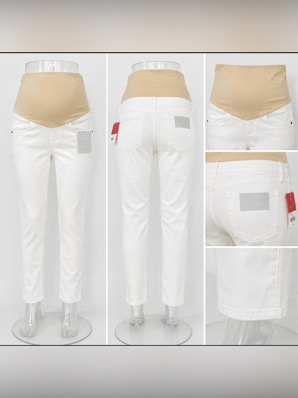 A:Glow Maternity White Jeggings Size 4 Skinny Stretch Full Belly Band NWT